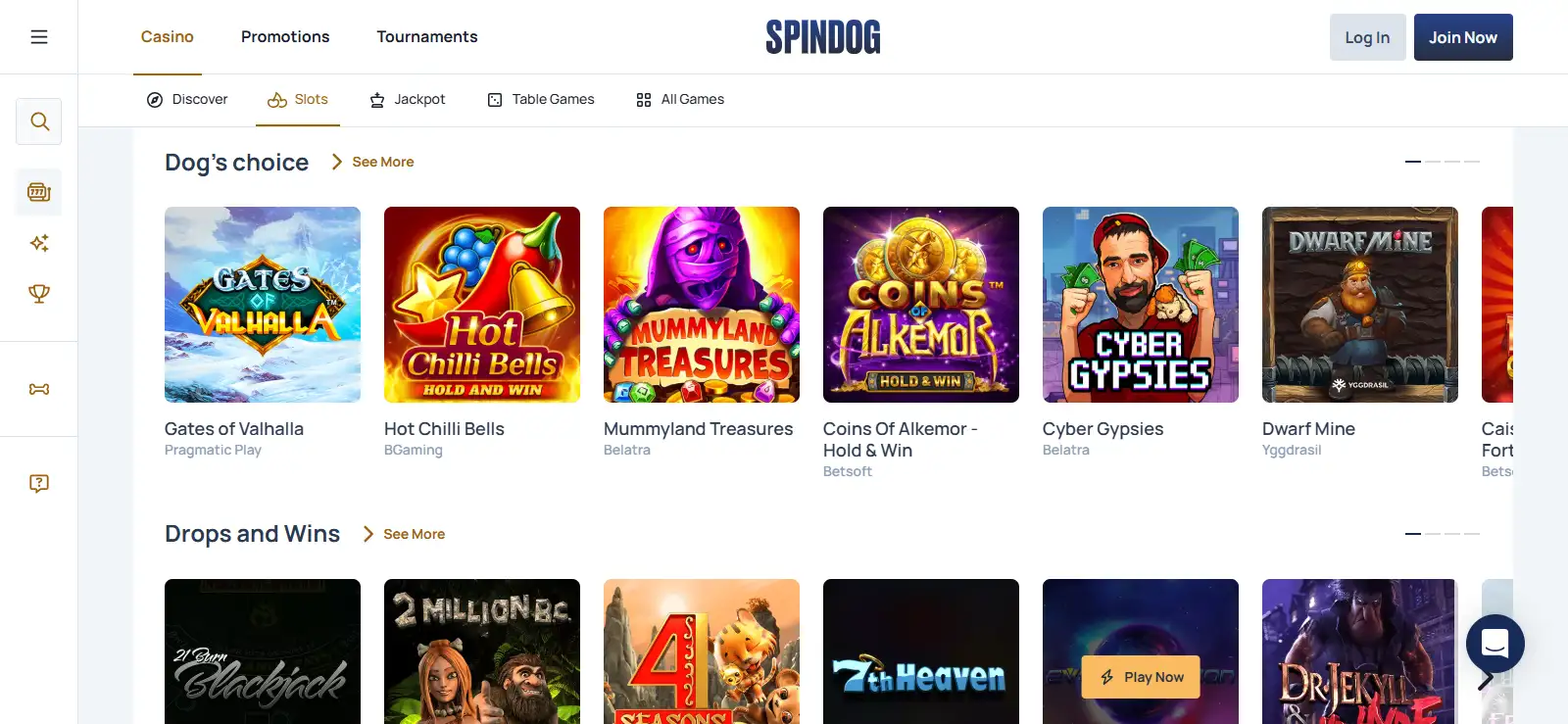 Current official SpinDog games and provider catalogue