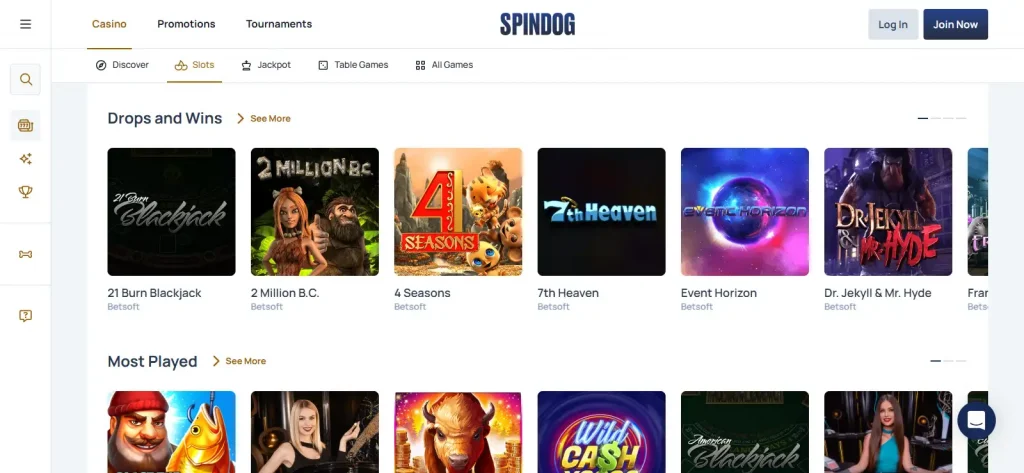 Current SpinDog games catalogue showing real game categories and provider filters