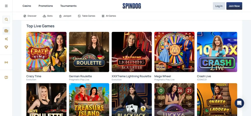 Current SpinDog live casino catalogue with real live game tiles and provider filters