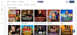 Current SpinDog live casino catalogue with real live game tiles and provider filters