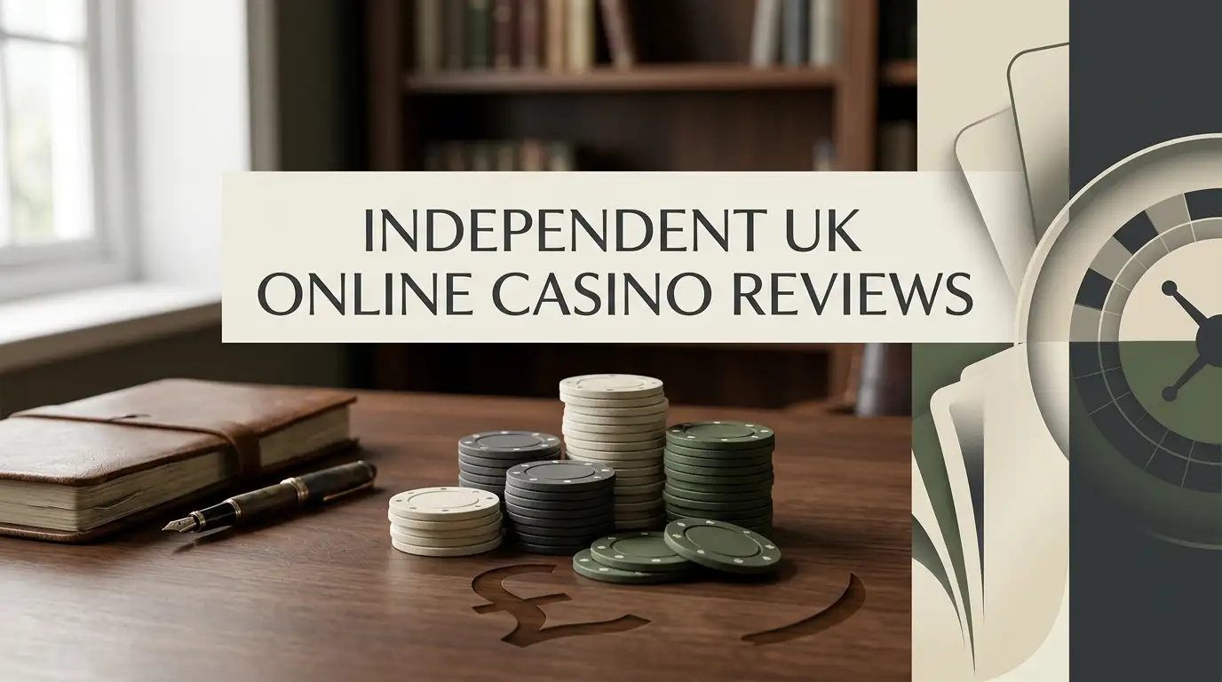 Editorial illustration of a UK-focused online casino review with neutral gaming and GBP motifs