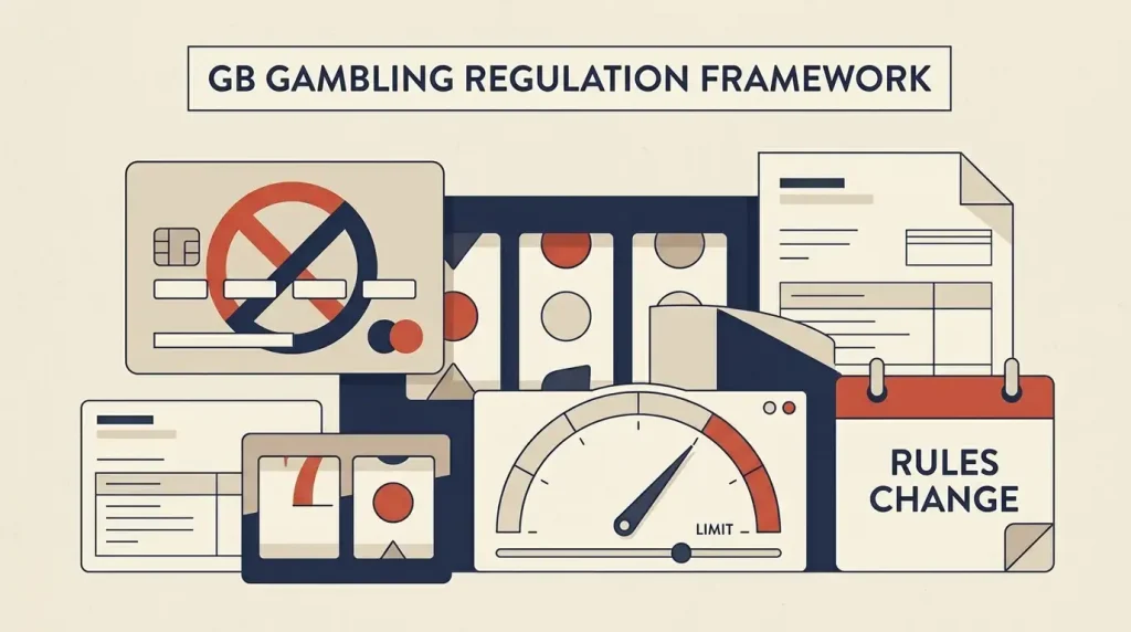 Editorial illustration of UK gambling rules including cards, slot limits and financial controls