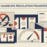 Editorial illustration of UK gambling rules including cards, slot limits and financial controls