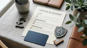 Neutral checklist illustration for opening a SpinDog account with GBP, payment and identity verification symbols