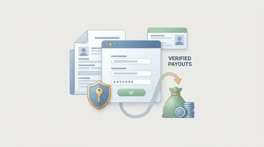 Neutral identity verification illustration with secure account symbols and no real personal documents
