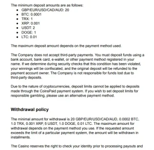 SpinDog terms showing GBP payment and withdrawal information