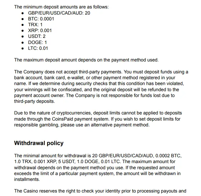 SpinDog terms showing GBP payment and withdrawal information