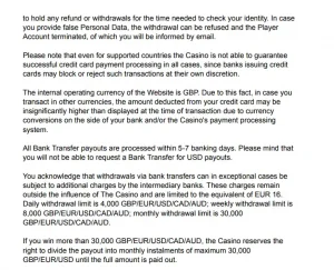 SpinDog terms showing withdrawal limits and bank transfer timing