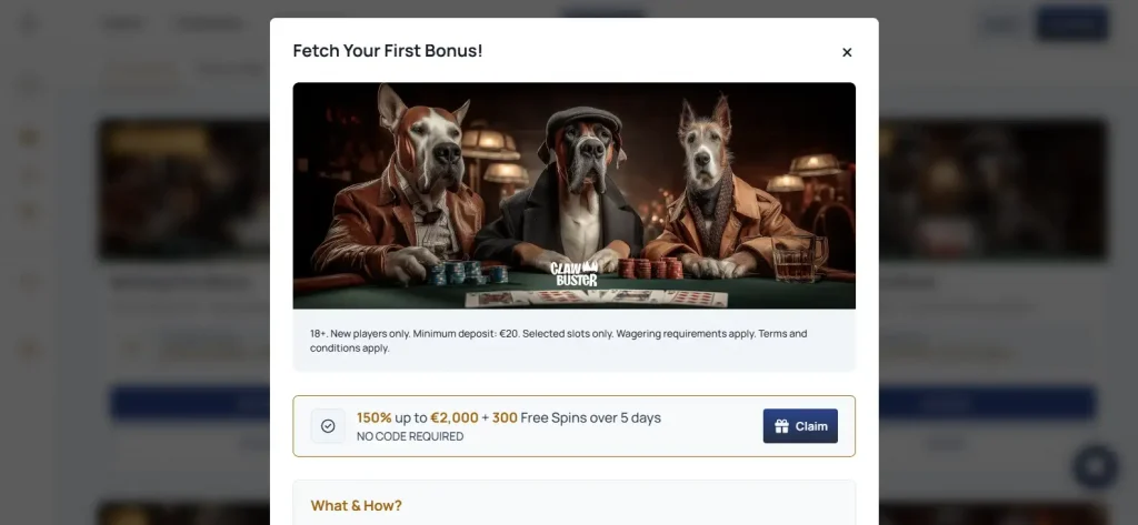 SpinDog welcome offer page showing the current GBP first-deposit promotion