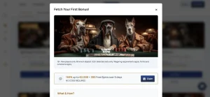 SpinDog welcome offer page showing the current GBP first-deposit promotion