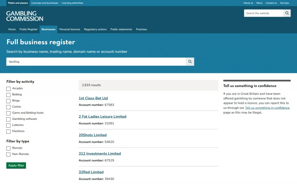 UK Gambling Commission public register search evidence for SpinDog