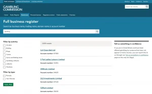 UK Gambling Commission public register search evidence for SpinDog